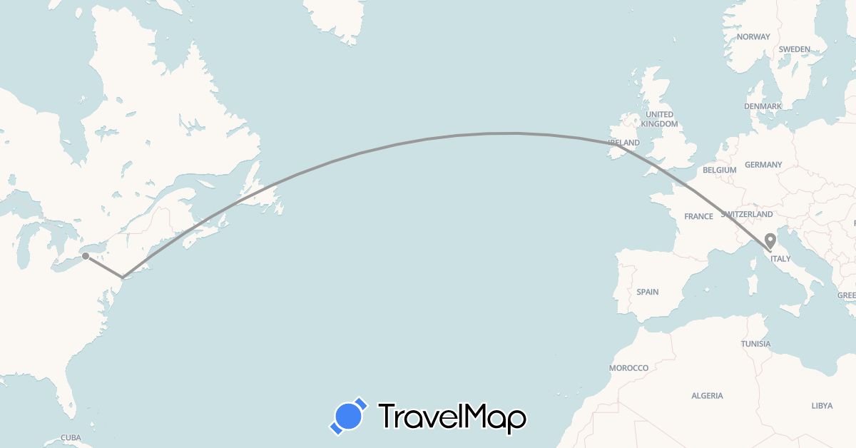 TravelMap itinerary: driving, plane in Ireland, Italy, United States (Europe, North America)